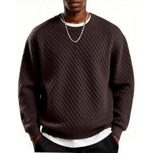 Coofandy Men Dark Brown Crewneck Geometric Texture Long Sleeve Sweatshirt
